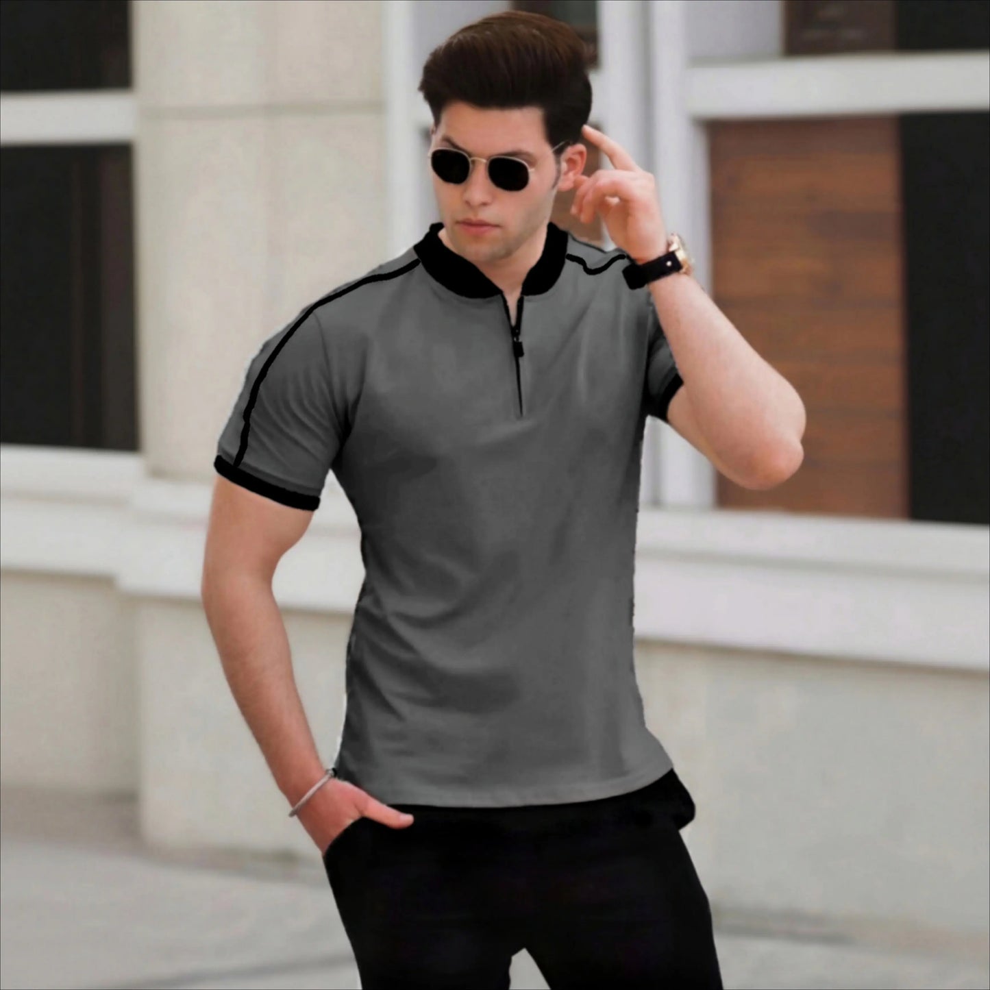 Men's grey zipper polo shirt with black collar and sleeve detailing - modern casual wear