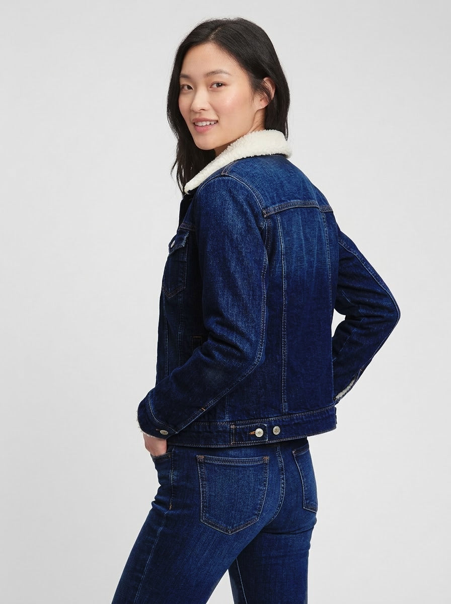 Women's Full Fur Jet Blue Denim Jacket – Ultra-Warm Sherpa Lined Trucker Outerwear
