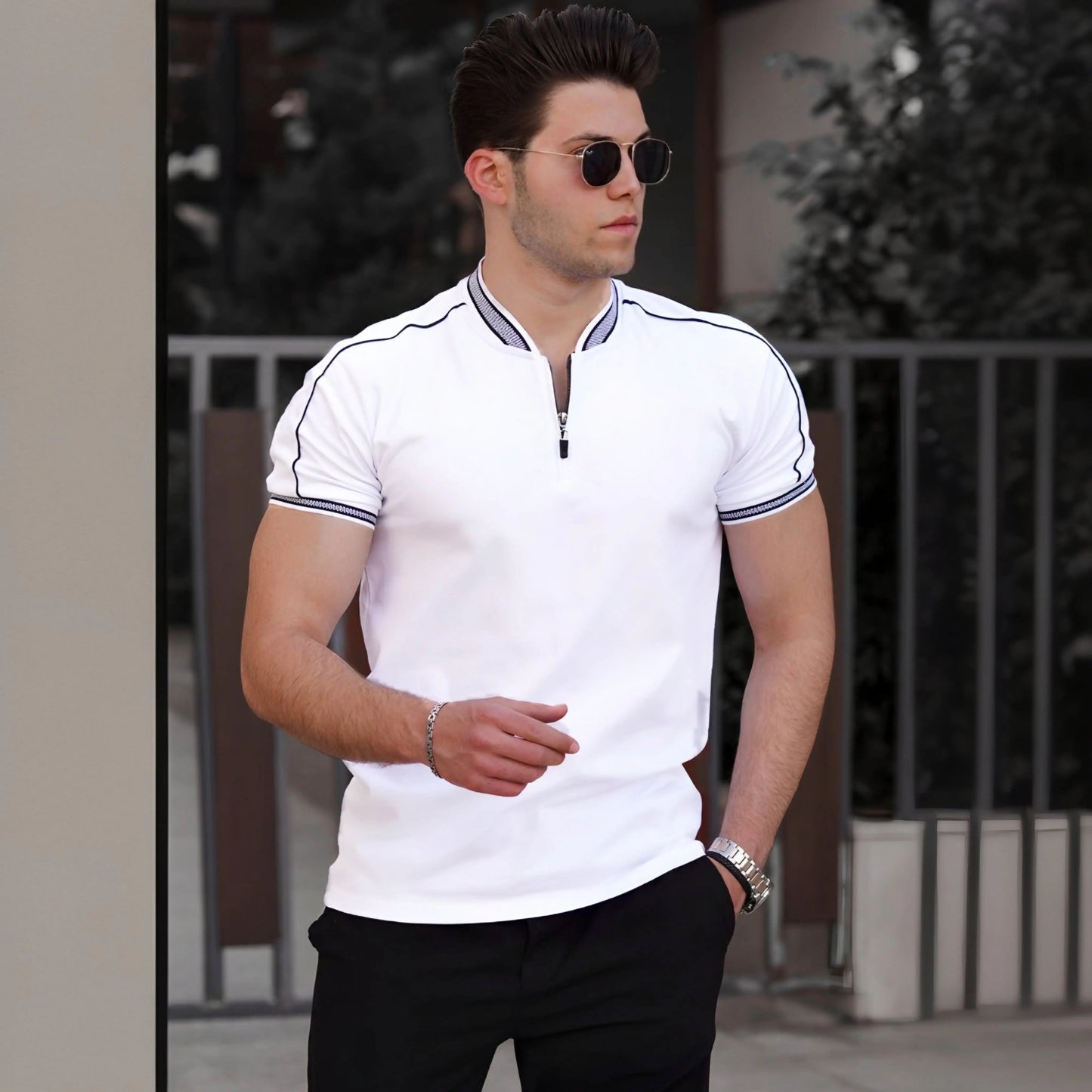 VARSITY ZIP-UP POLO T-SHIRT WHITE House Of Fashion