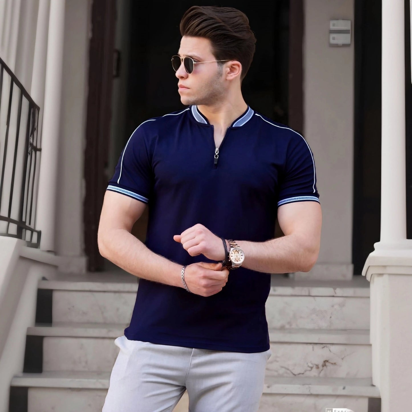 VARSITY ZIP-UP POLO T-SHIRT NAVY BLUE House Of Fashion