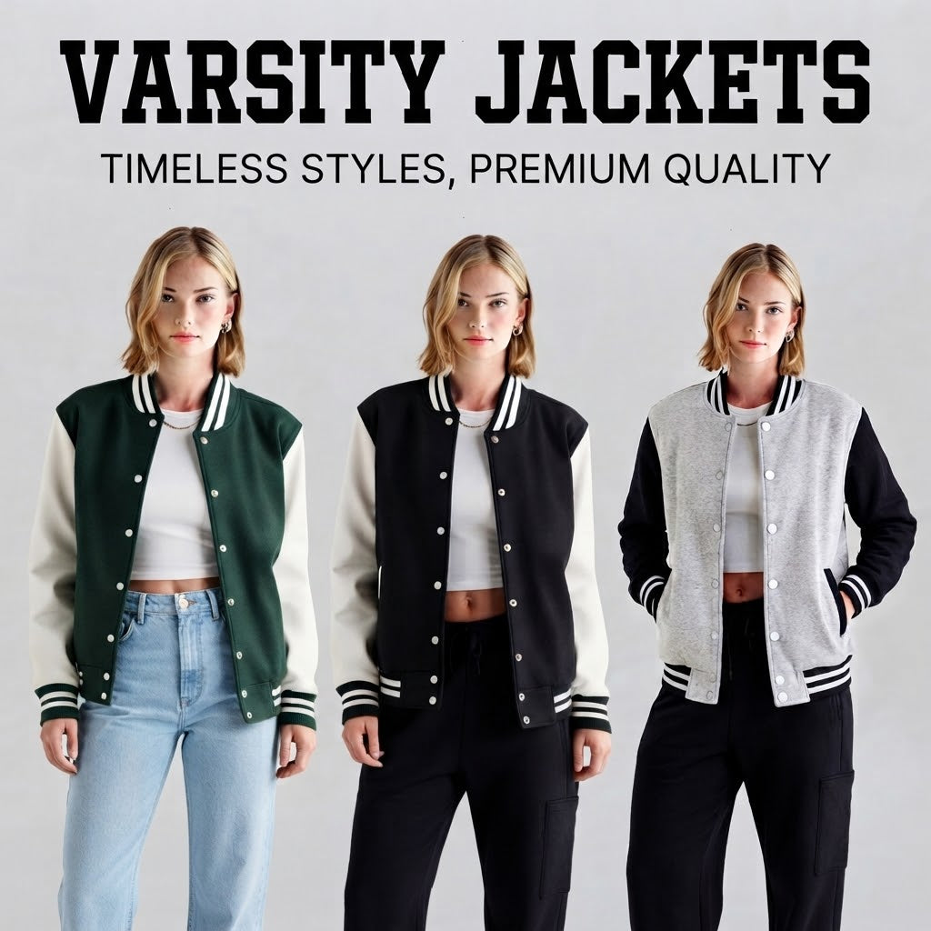 Women Varsity Jackets Collection - Green, Black, and Grey Bomber Jackets.