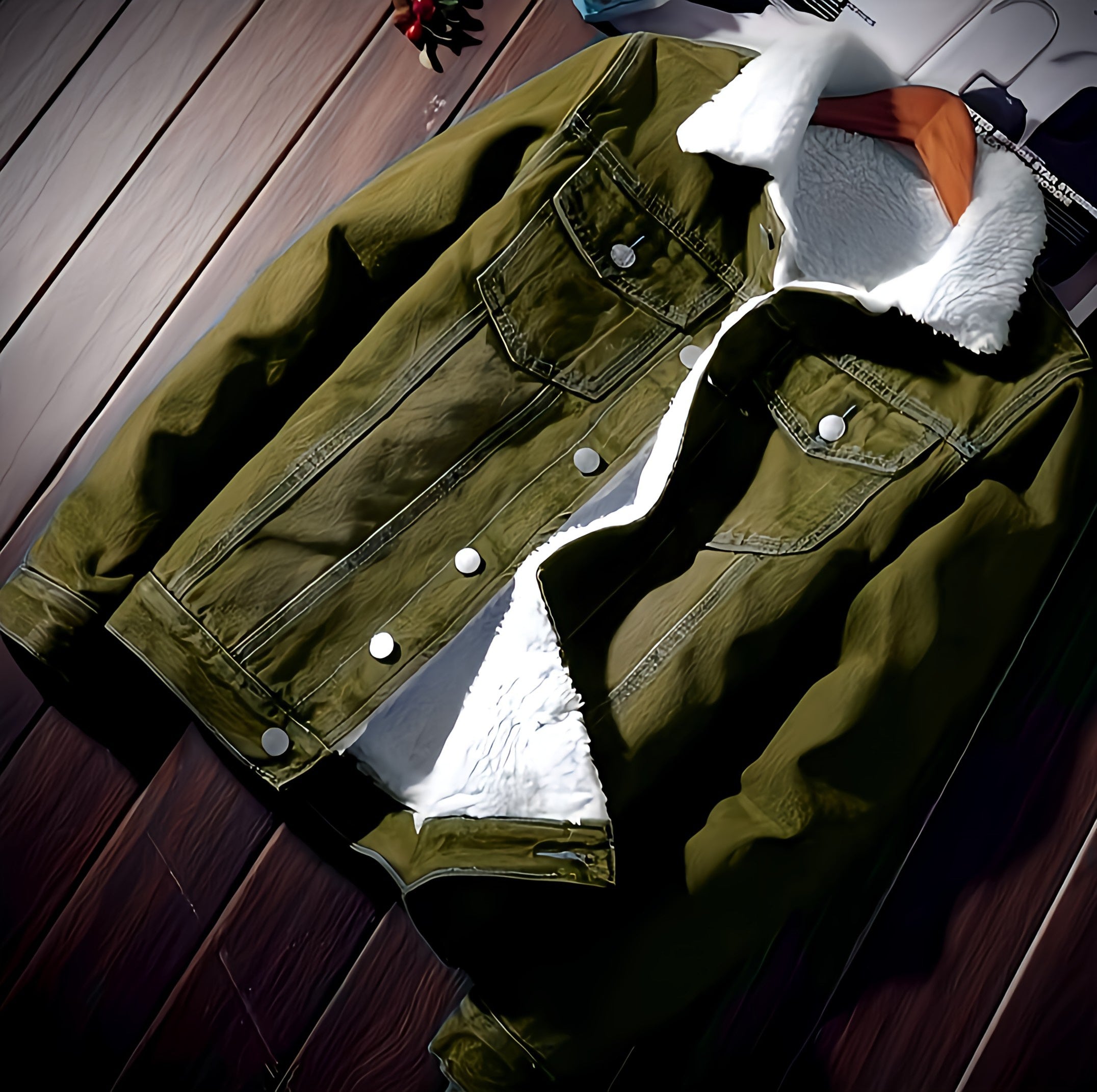 Green denim jacket with fur best sale