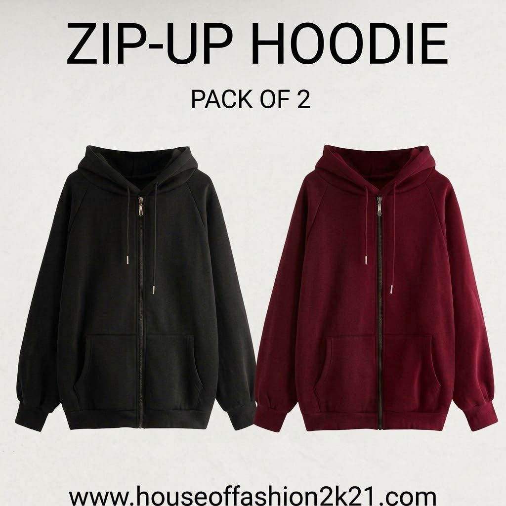 Two zip-up hoodies shown side by side on a light background with text reading 'ZIP-UP HOODIE' and 'PACK OF 2'. The left hoodie is black and the right hoodie is burgundy.