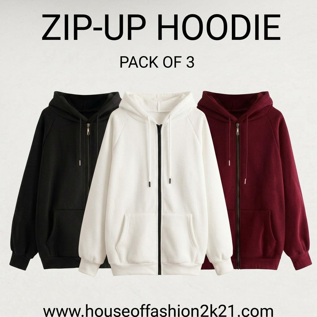 Three zip-up hoodies displayed side by side on a light background: black, off-white, and burgundy. Large text at the top reads 'ZIP-UP HOODIE' and 'PACK OF 3', with a website URL at the bottom.