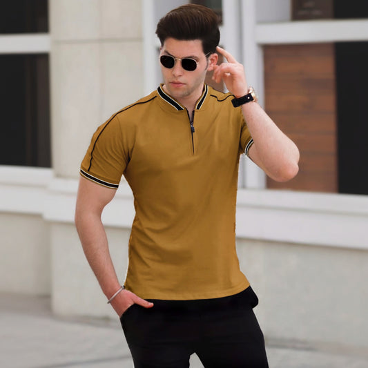 VARSITY ZIP-UP POLO T-SHIRT CAMEL