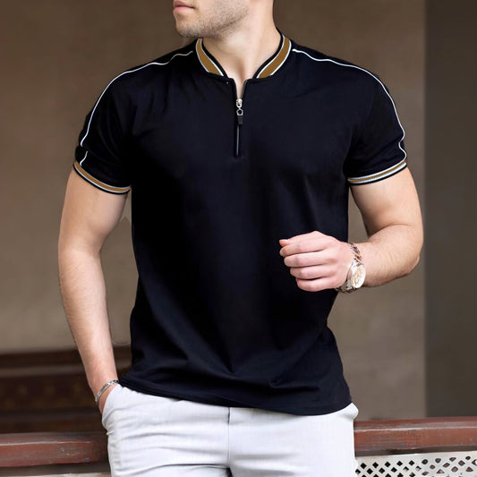 VARSITY ZIP-UP POLO T-SHIRT BLACK