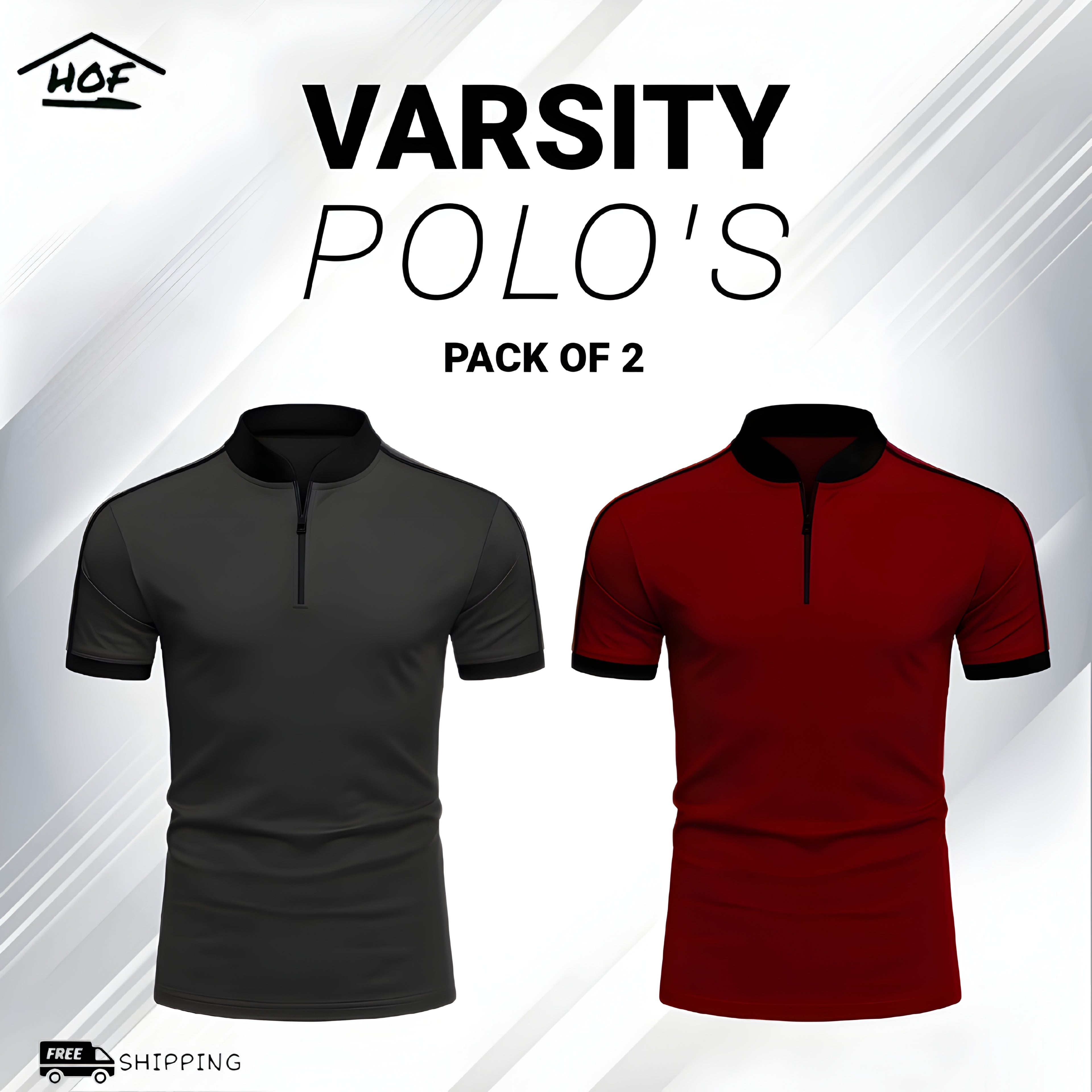 Two-Varsity-Polo-shirts, one grey and one maroon-zipper-polo-shirt-black-detailing