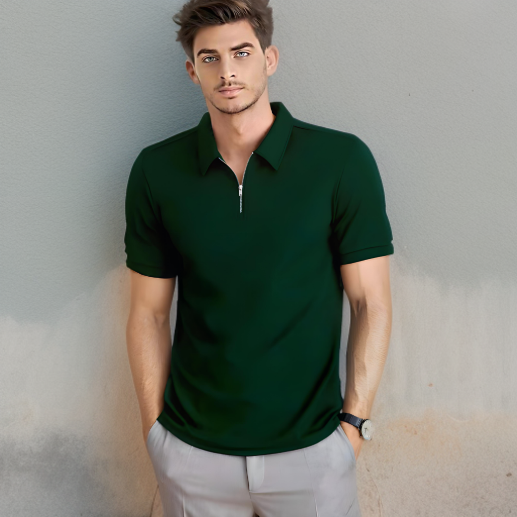 ZIP UP Polo BOTTLE GREEN