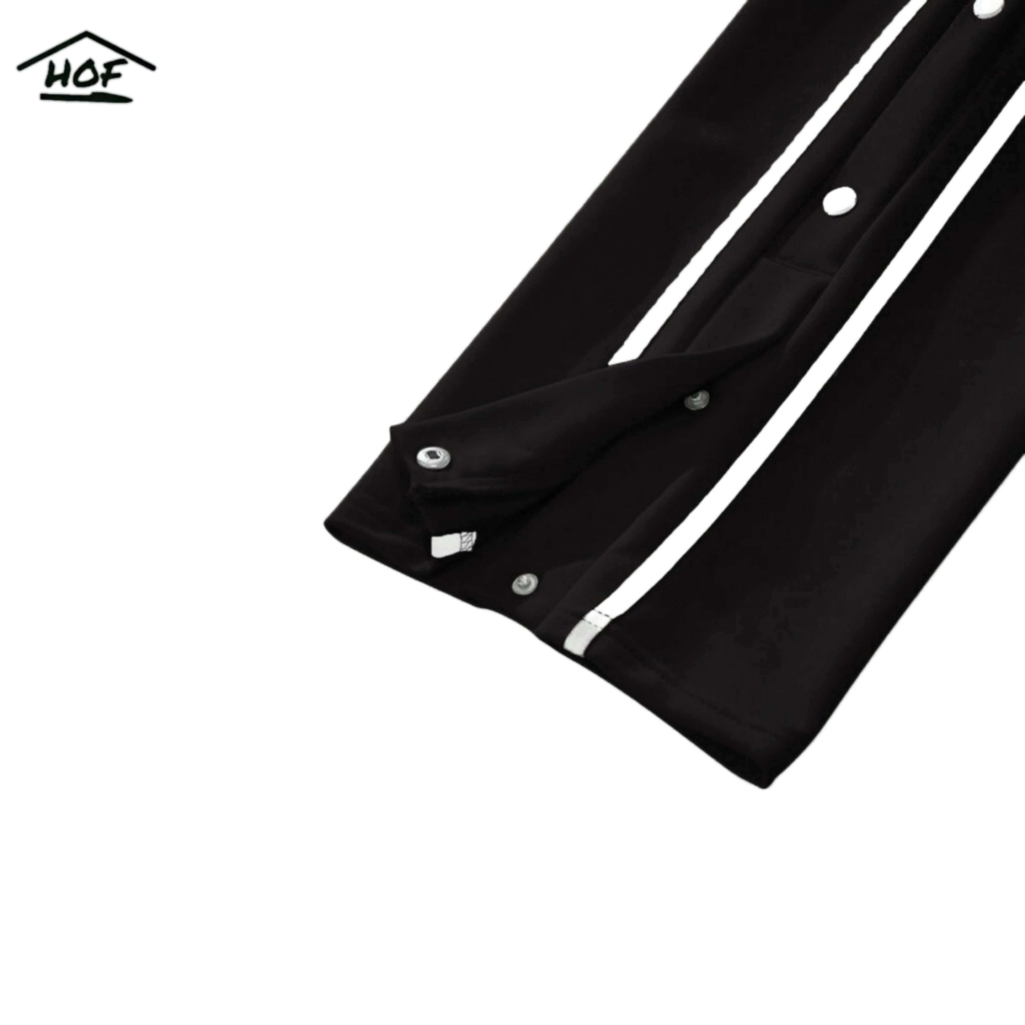 Black varsity pants with white side stripes and snap buttons - men's streetwear track pants