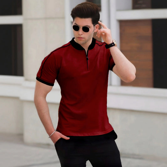 Men's maroon zipper polo shirt with black collar and sleeve detailing - modern casual wear