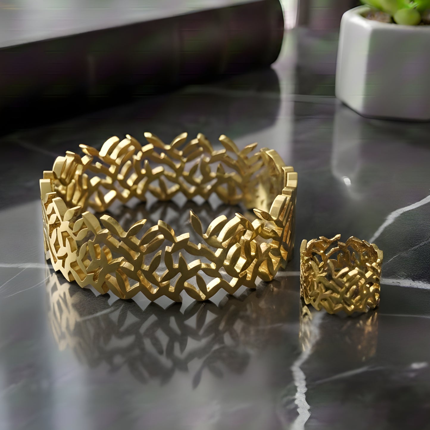 Leaf Bangle & Ring Set (Adjustable Ring)