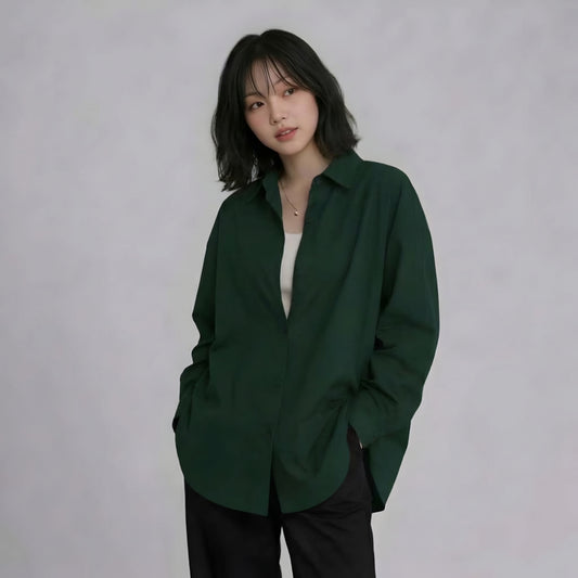 WOMEN'S BOTTLE GREEN BUTTON-UP SHIRT
