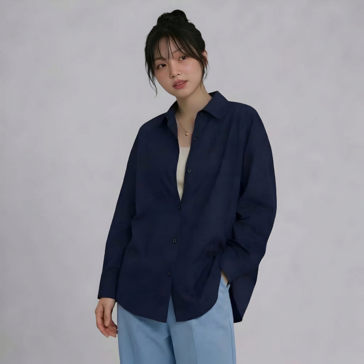 WOMEN'S NAVY BLUE BUTTON-UP SHIRT