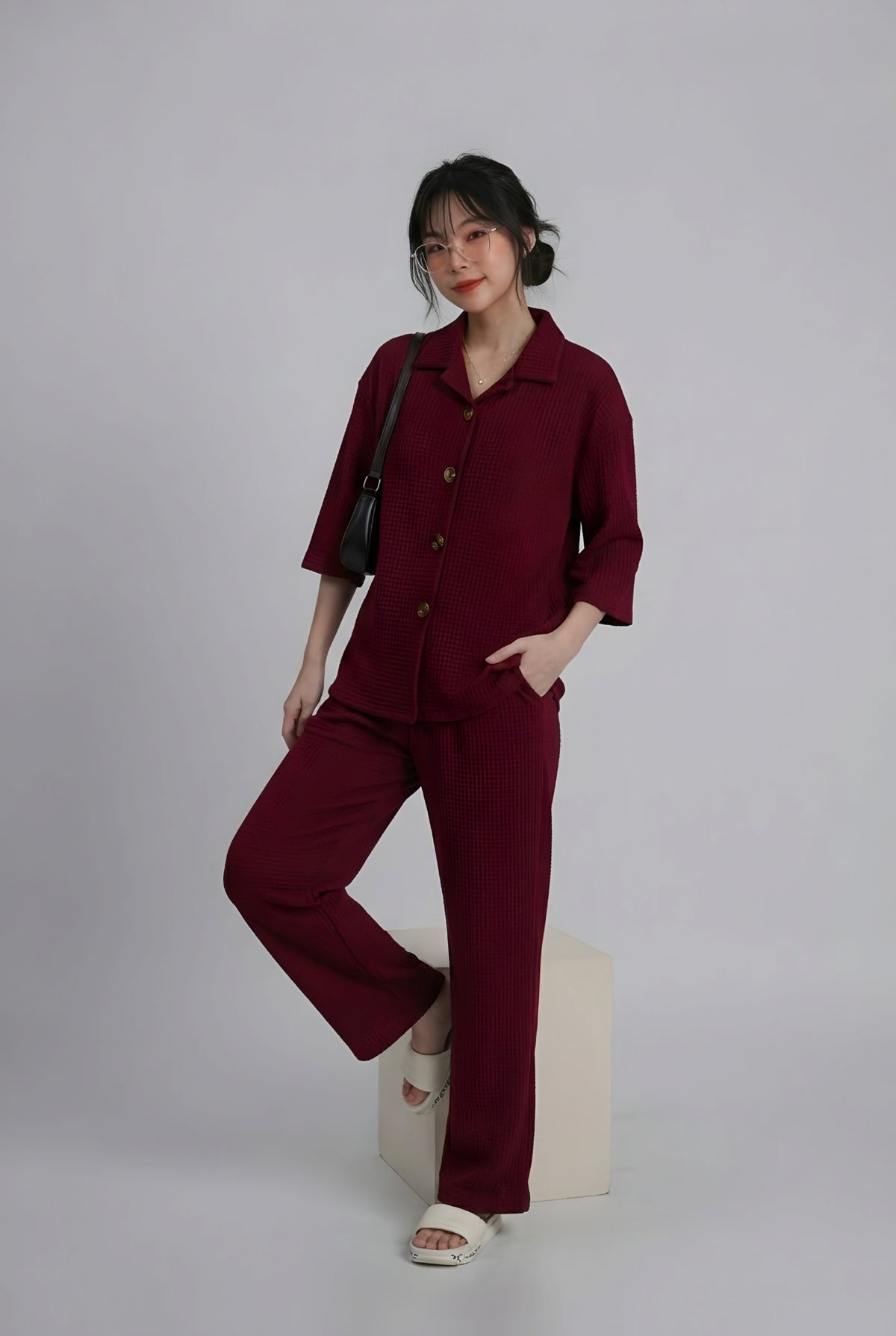 Women’s Premium Waffle Knit 2-Piece Co-ord Set – Button-Down Shirt with Pants (Maroon)