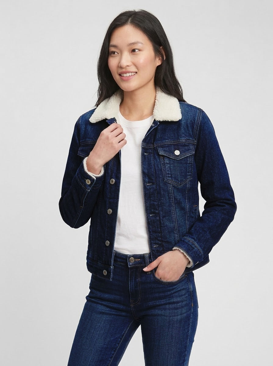 Women's Full Fur Jet Blue Denim Jacket – Ultra-Warm Sherpa Lined Trucker Outerwear