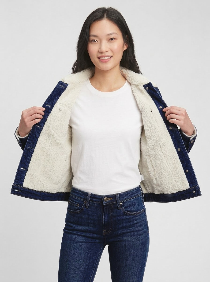 Women's Full Fur Jet Blue Denim Jacket – Ultra-Warm Sherpa Lined Trucker Outerwear