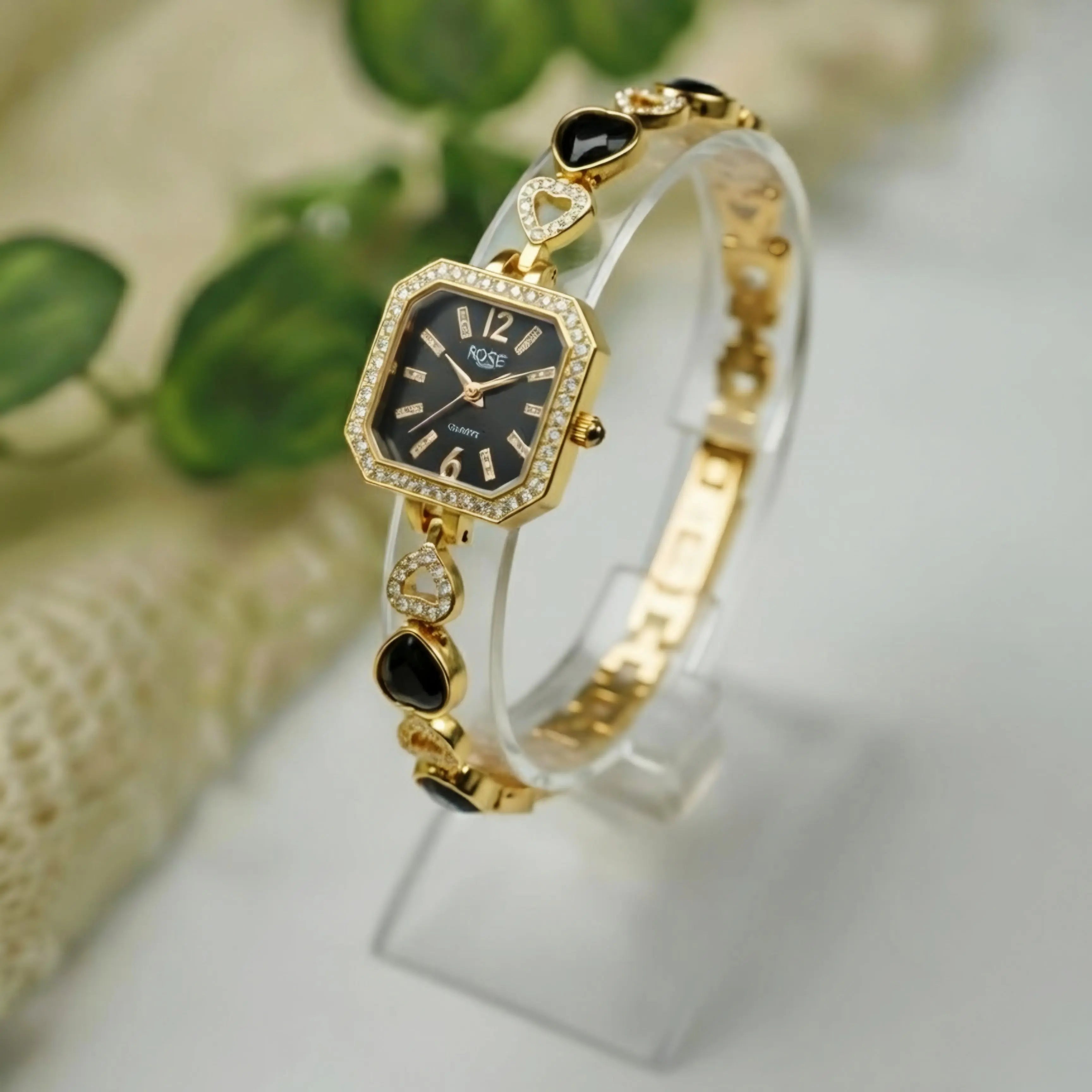 Rose Bracelet Watch Gold (Black Hearts) House Of Fashion