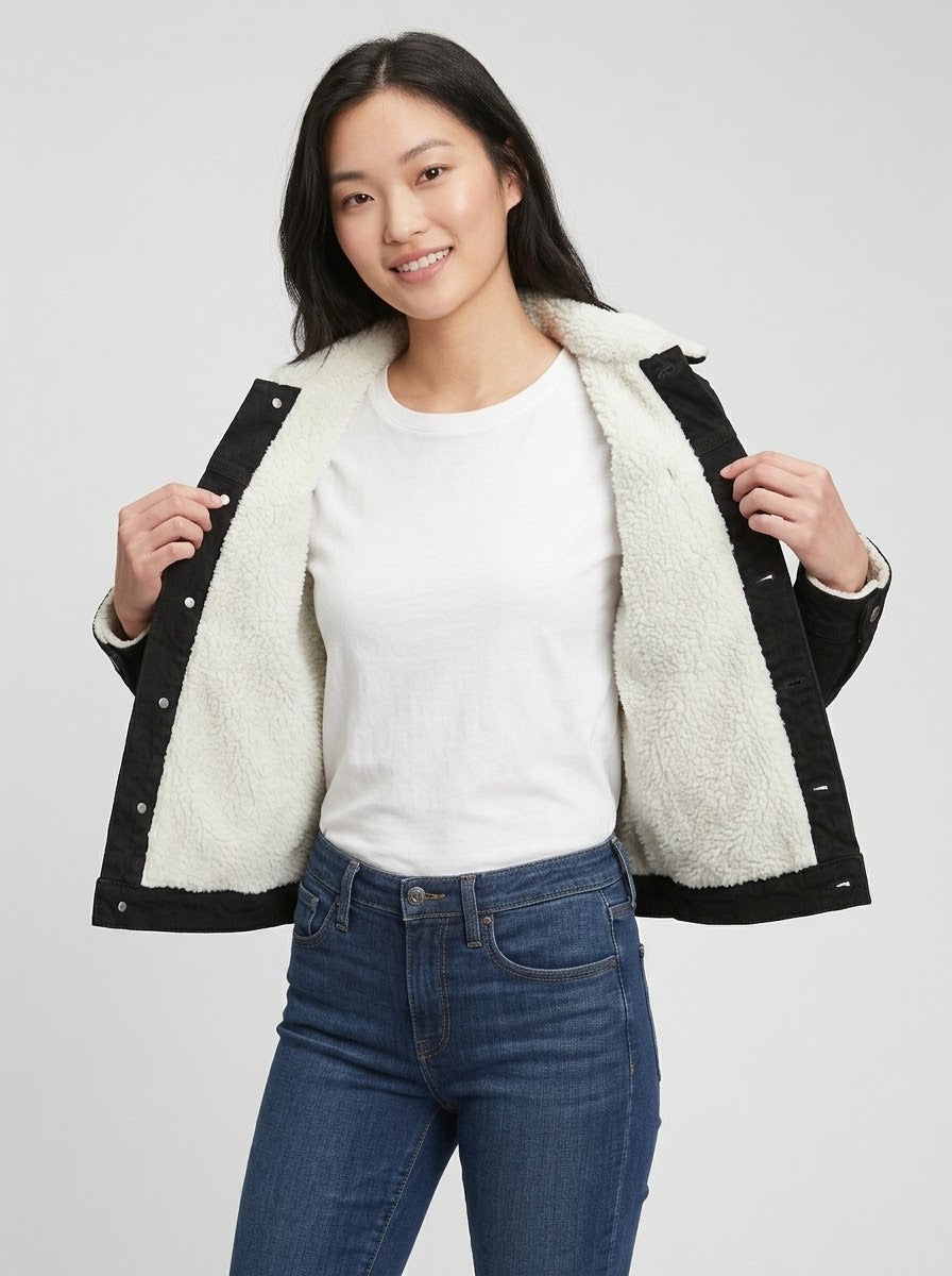 Women's Full Fur Black Denim Jacket – Ultra-Warm Sherpa Lined Trucker Outerwear