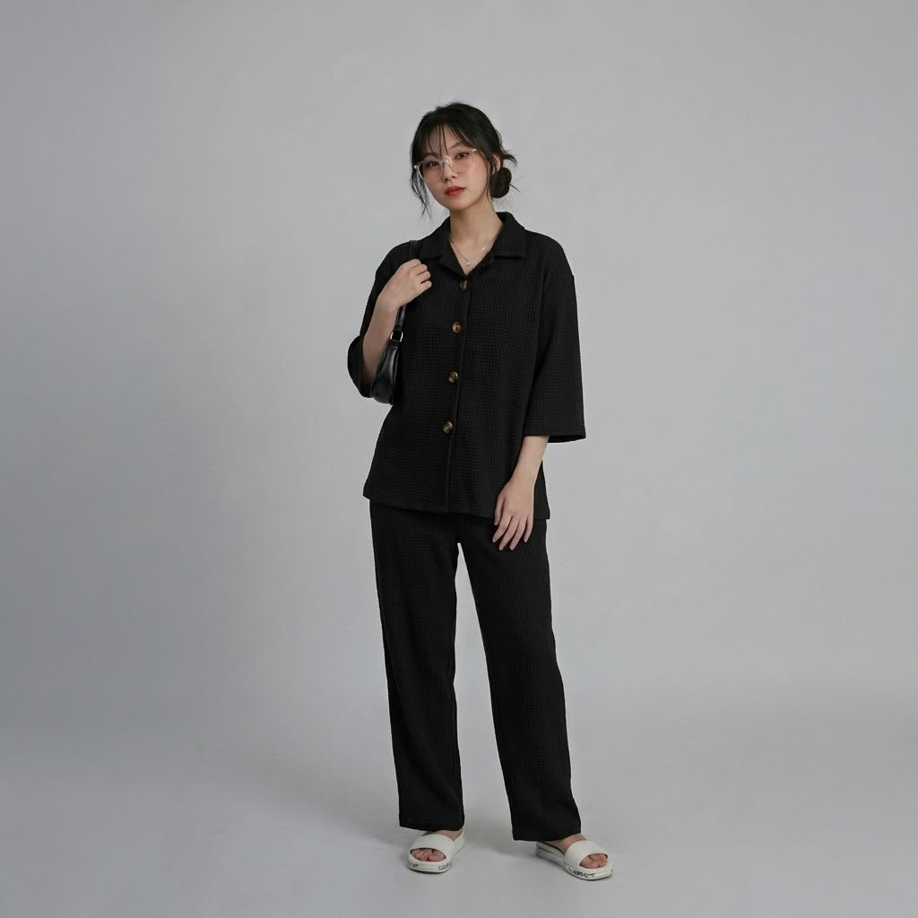 Women’s Premium Waffle Knit 2-Piece Co-ord Set – Button-Down Shirt with Pants (Black)