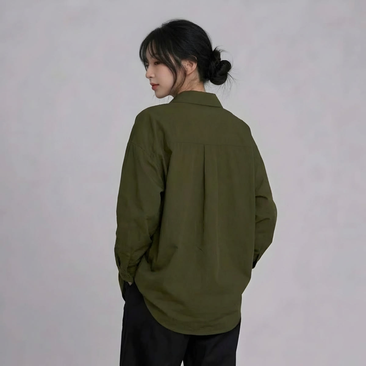 WOMEN'S OLIVE GREEN BUTTON-UP SHIRT