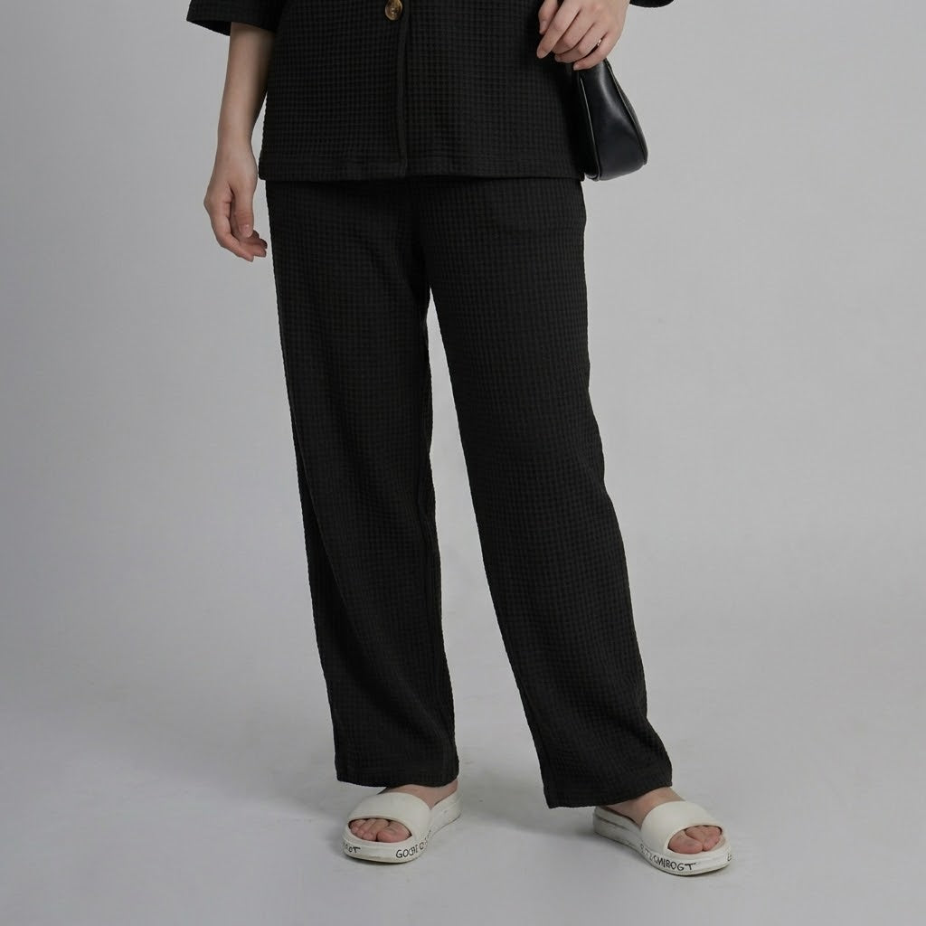 Women’s Premium Waffle Knit 2-Piece Co-ord Set – Button-Down Shirt with Pants (Black)