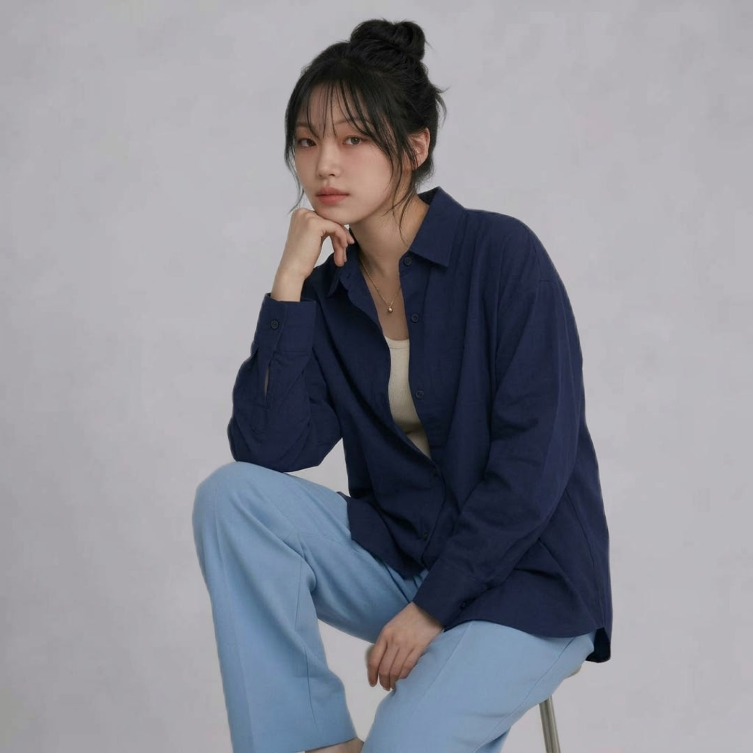 WOMEN'S NAVY BLUE BUTTON-UP SHIRT