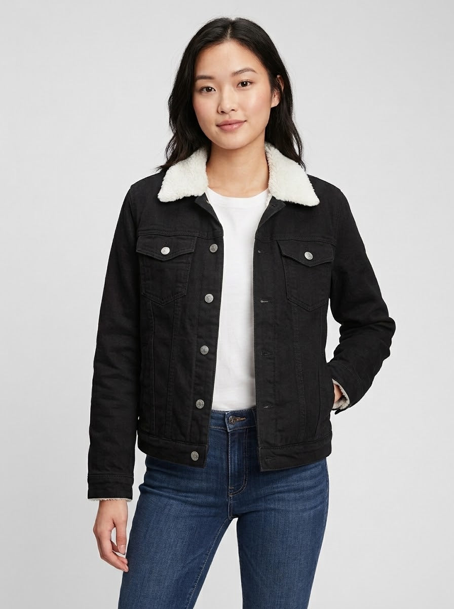 Women's Full Fur Black Denim Jacket – Ultra-Warm Sherpa Lined Trucker Outerwear