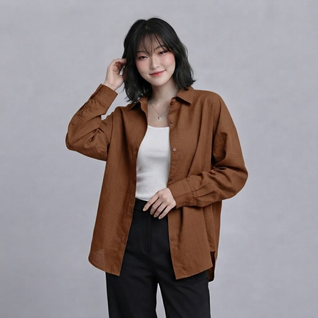 WOMEN'S BROWN BUTTON-UP SHIRT