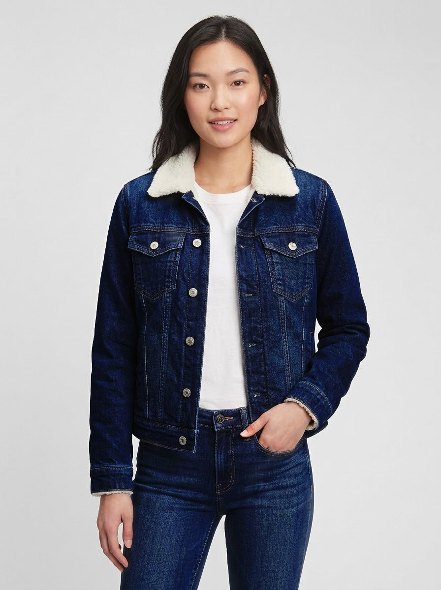 Women's Full Fur Jet Blue Denim Jacket – Ultra-Warm Sherpa Lined Trucker Outerwear