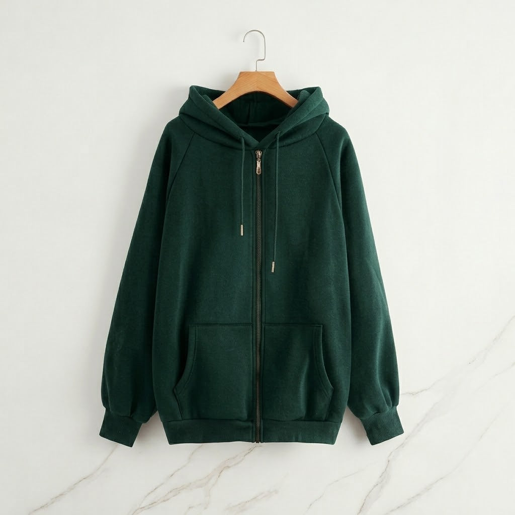 Bottle Green Unisex Heavyweight Fleece Zipper Hoodie Front View - House of Fashion