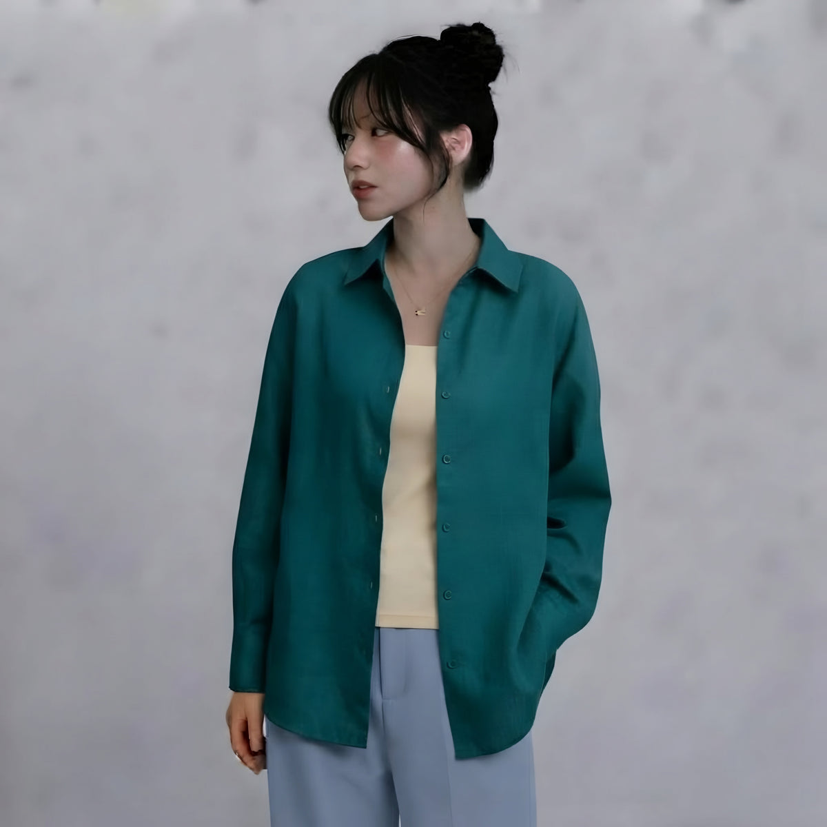WOMEN'S SEA GREEN BUTTON-UP SHIRT