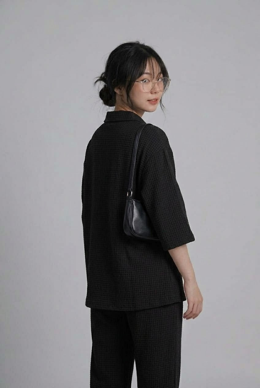 Women’s Premium Waffle Knit 2-Piece Co-ord Set – Button-Down Shirt with Pants (Black)
