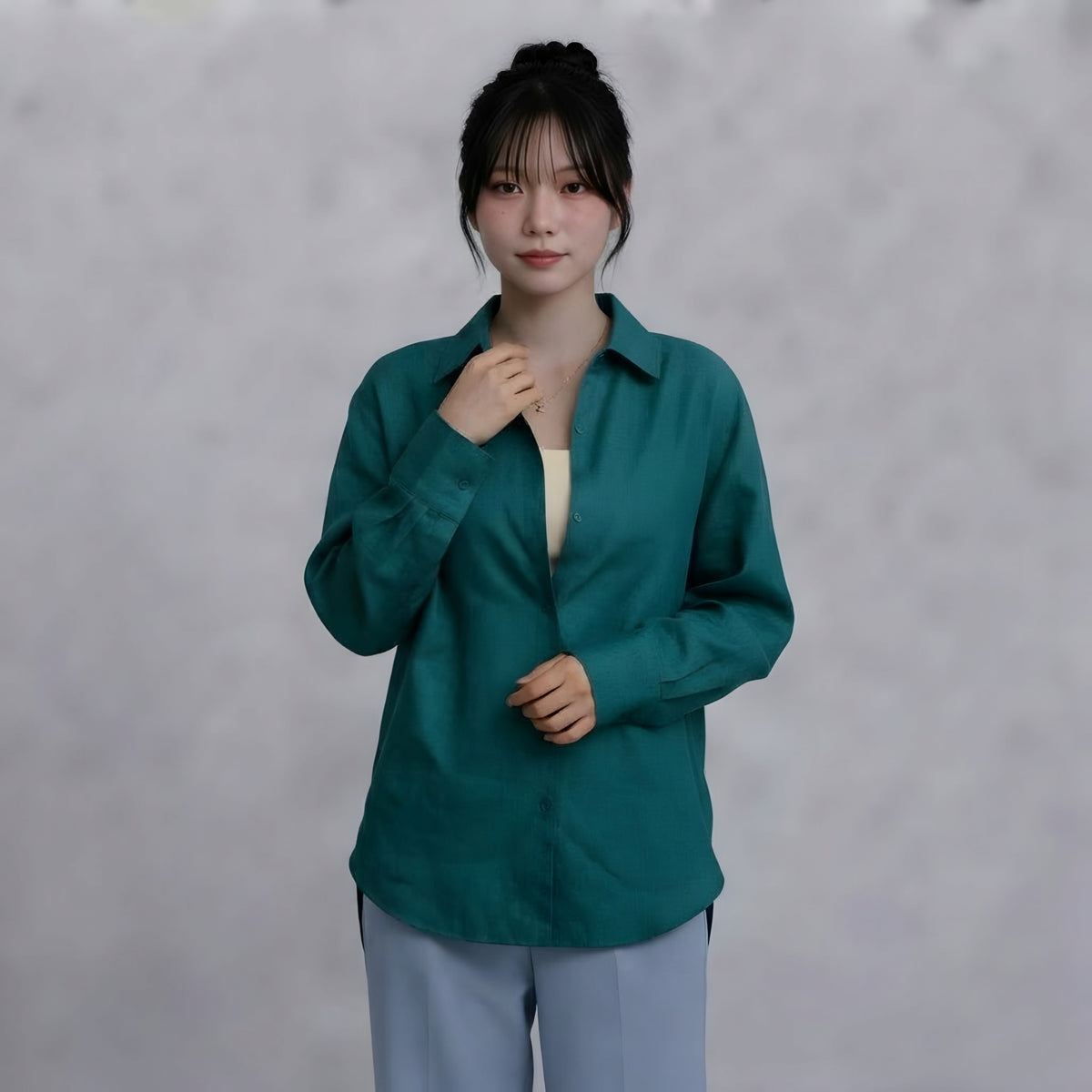 WOMEN'S SEA GREEN BUTTON-UP SHIRT