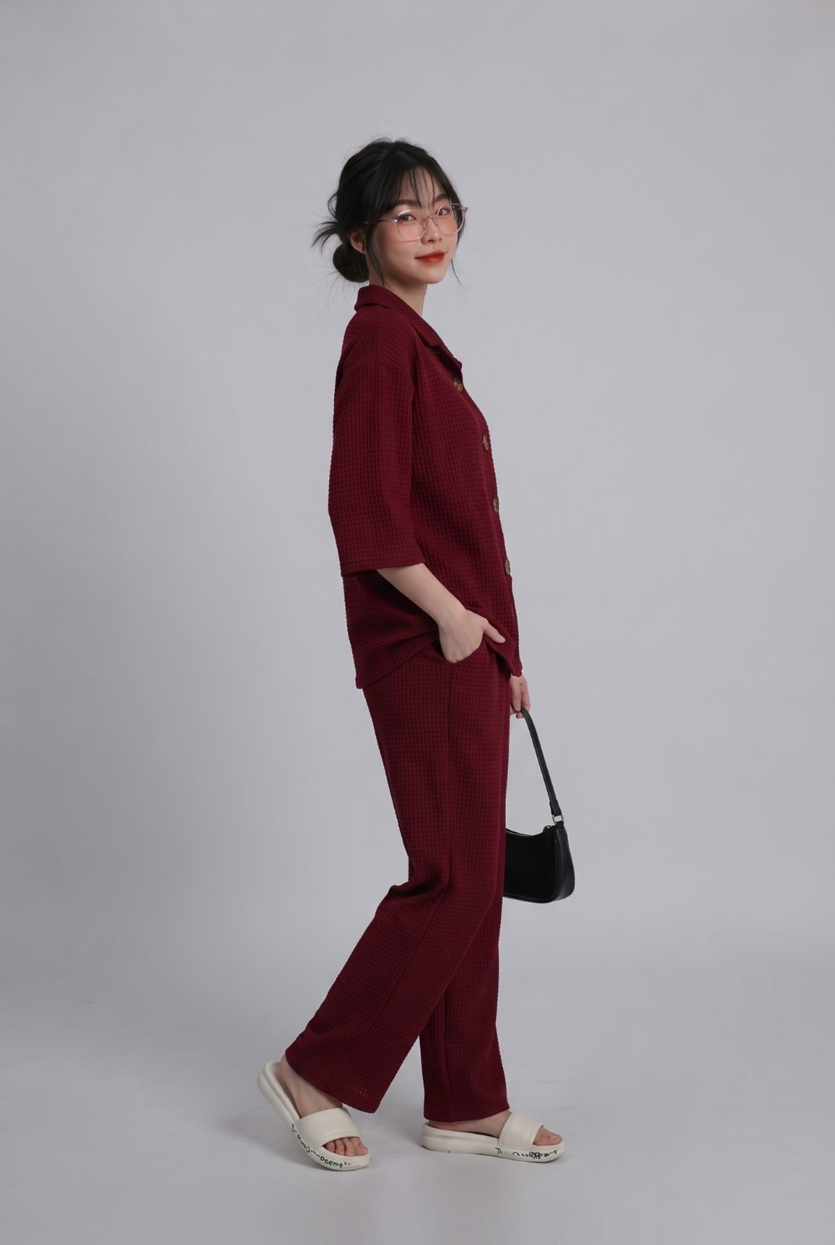 Women’s Premium Waffle Knit 2-Piece Co-ord Set – Button-Down Shirt with Pants (Maroon)