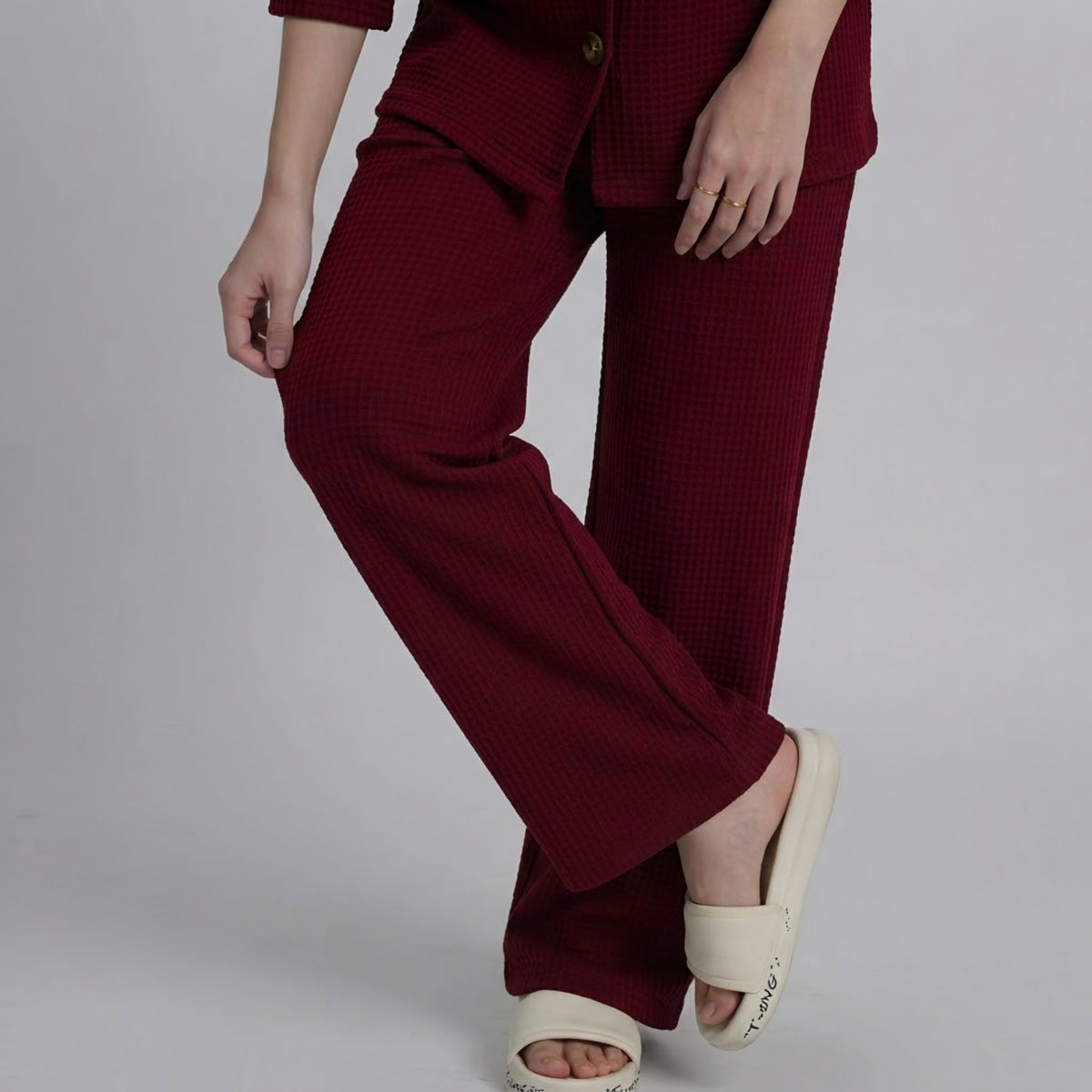 Women’s Premium Waffle Knit 2-Piece Co-ord Set – Button-Down Shirt with Pants (Maroon)