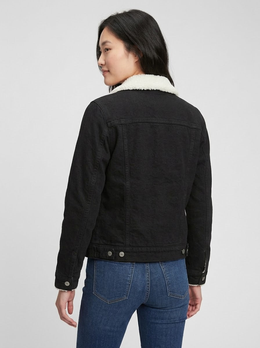 Women's Full Fur Black Denim Jacket – Ultra-Warm Sherpa Lined Trucker Outerwear