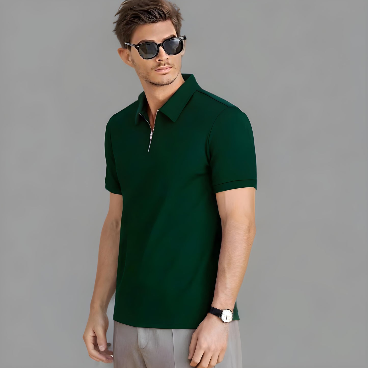 ZIP UP Polo BOTTLE GREEN