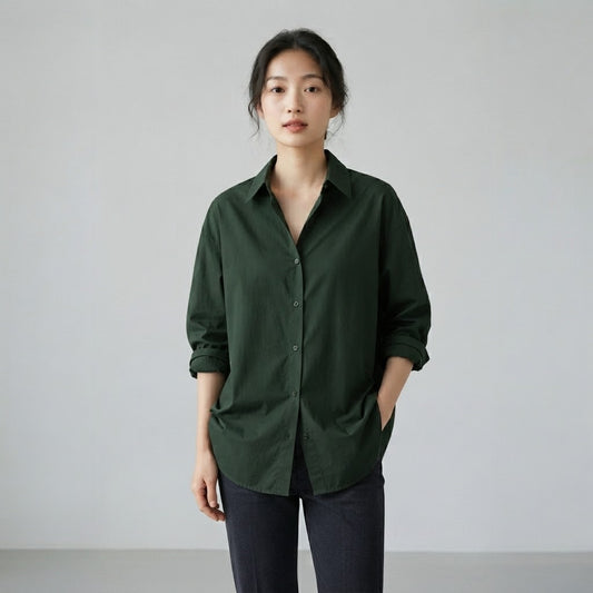 WOMEN'S BOTTLE GREEN BUTTON-UP SHIRT