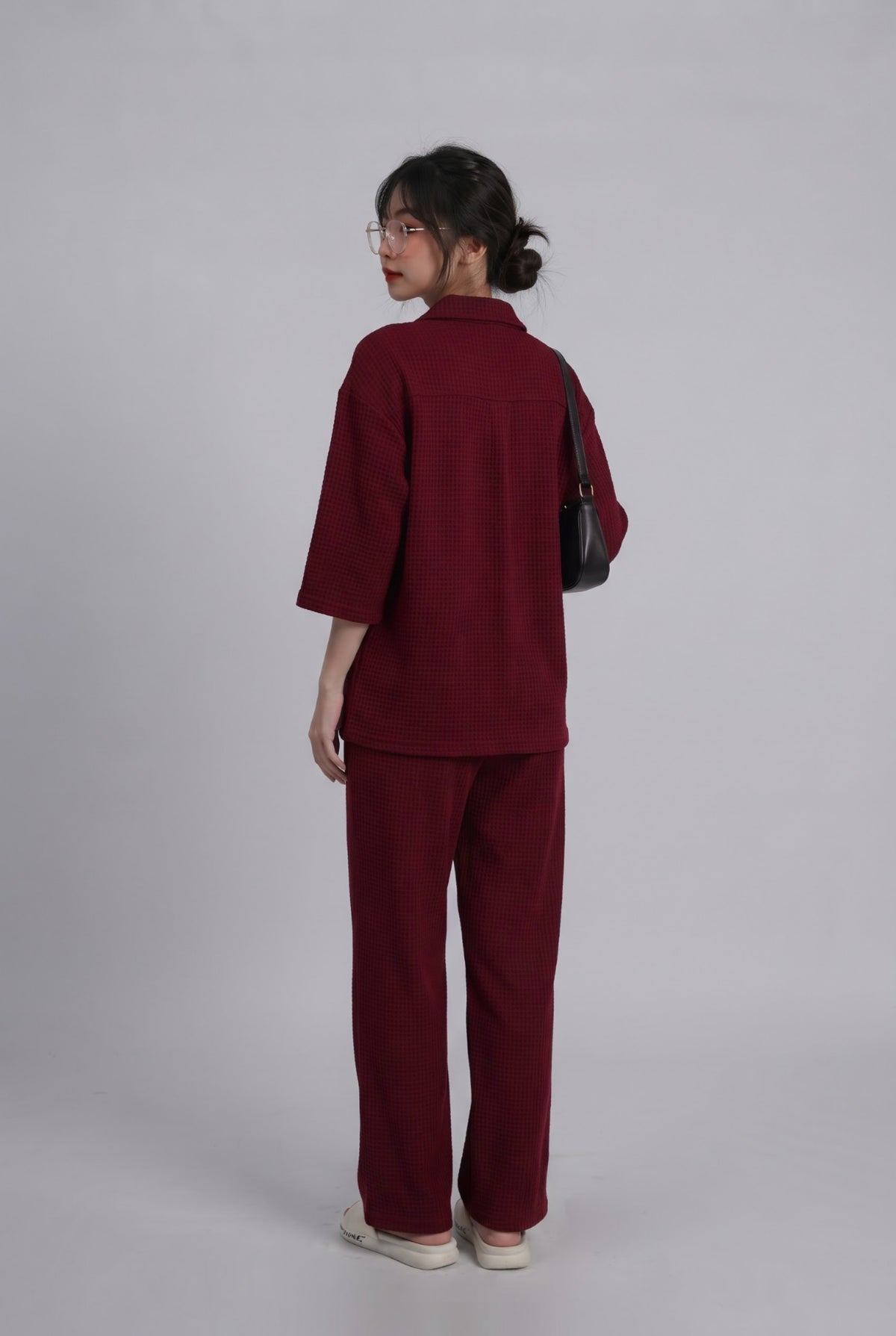 Women’s Premium Waffle Knit 2-Piece Co-ord Set – Button-Down Shirt with Pants (Maroon)