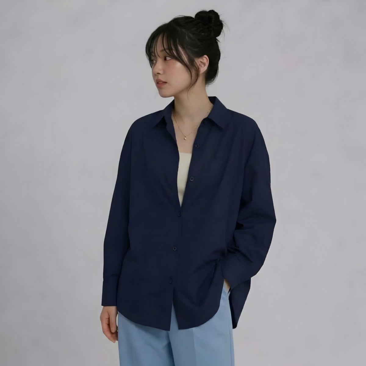 WOMEN'S NAVY BLUE BUTTON-UP SHIRT