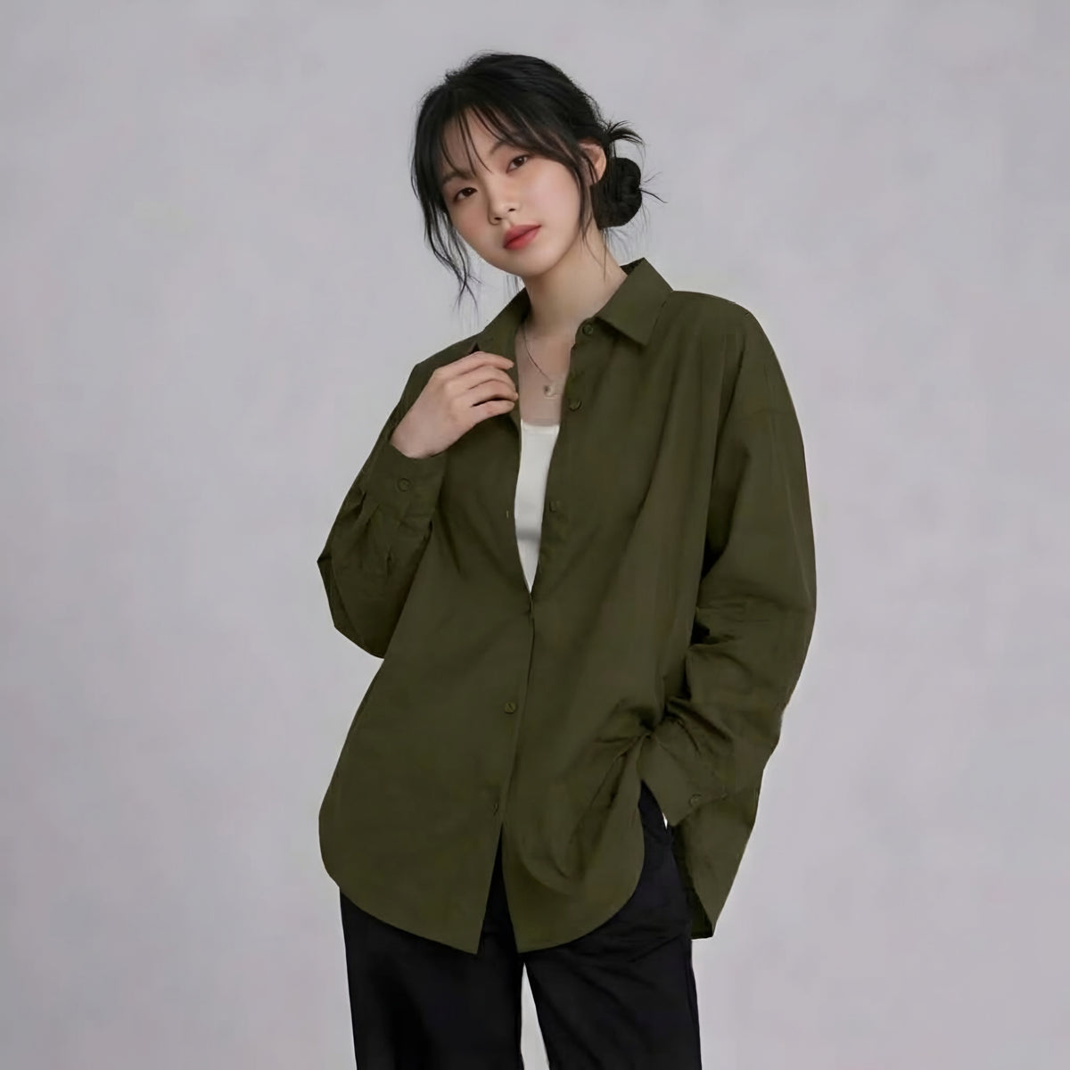 WOMEN'S OLIVE GREEN BUTTON-UP SHIRT