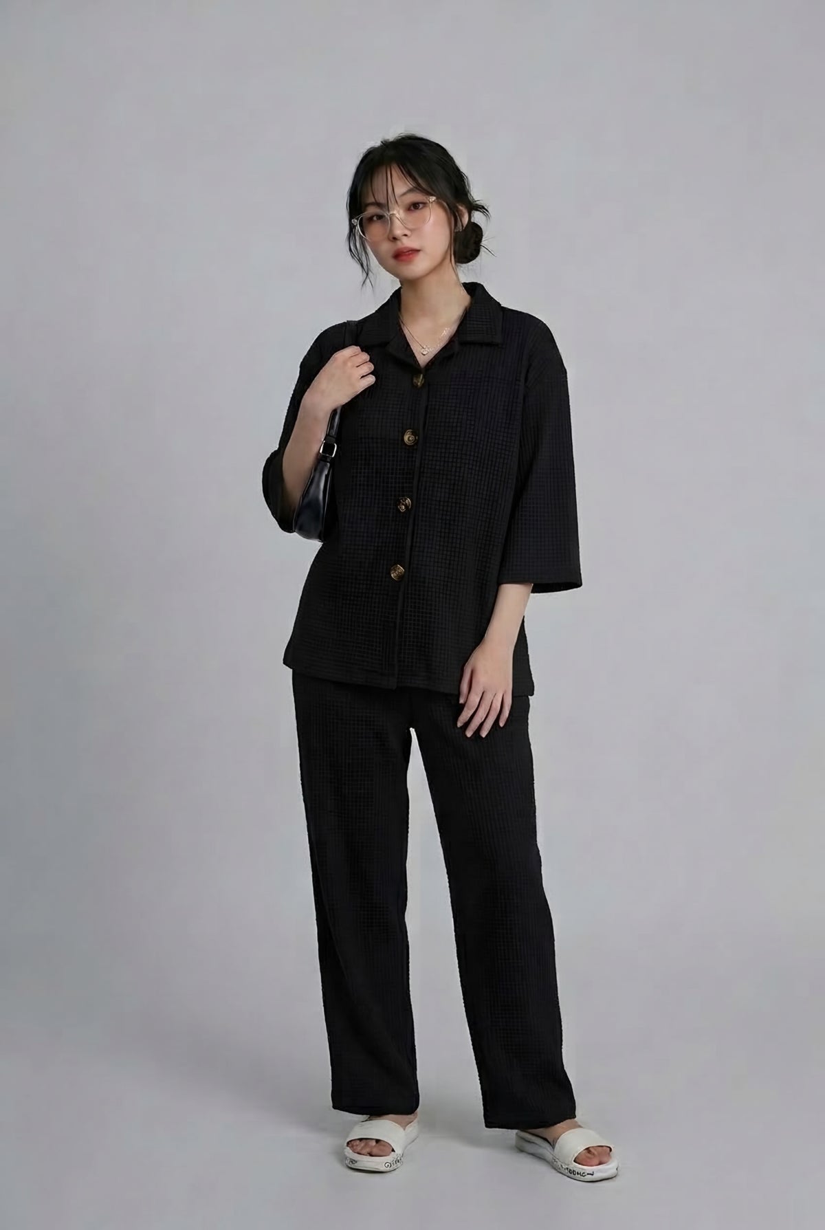 Women’s Premium Waffle Knit 2-Piece Co-ord Set – Button-Down Shirt with Pants (Black)