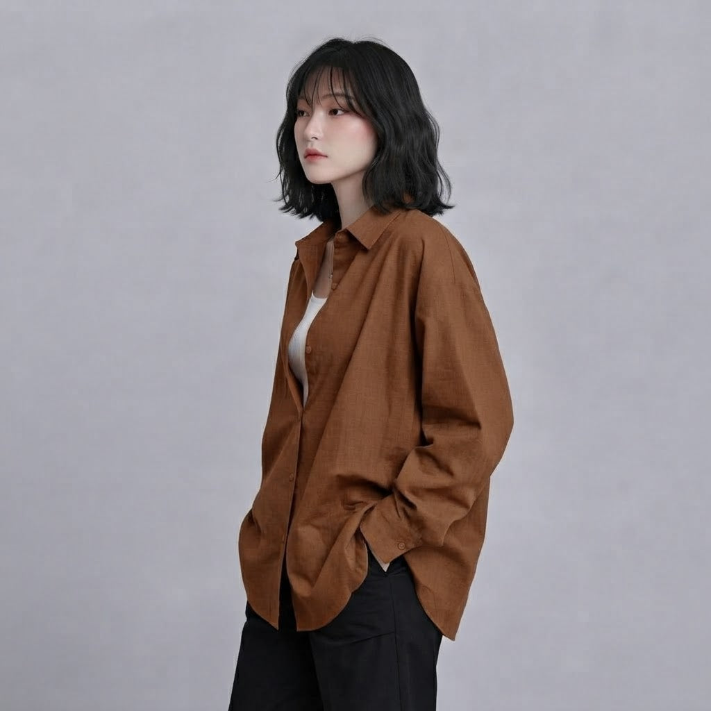 WOMEN'S BROWN BUTTON-UP SHIRT
