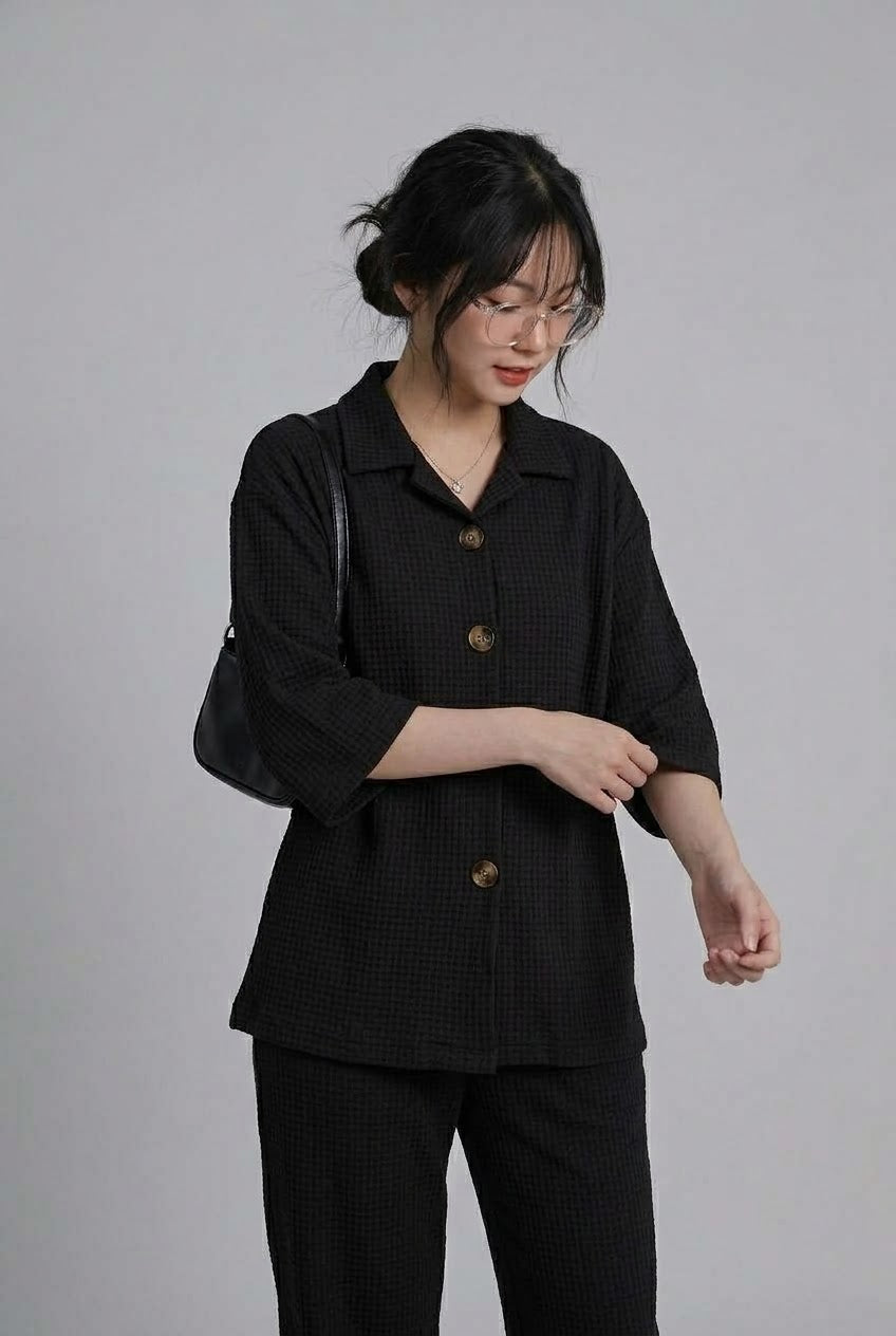 Women’s Premium Waffle Knit 2-Piece Co-ord Set – Button-Down Shirt with Pants (Black)