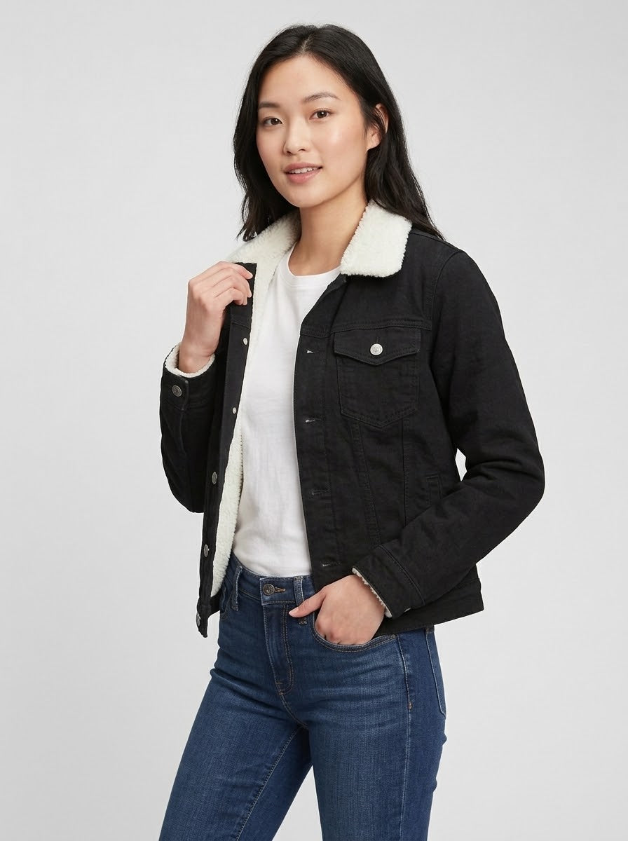 Women's Full Fur Black Denim Jacket – Ultra-Warm Sherpa Lined Trucker Outerwear